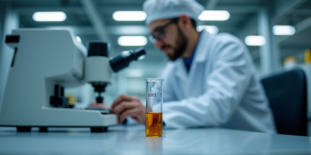 Специалист проводит отбор проб масла из системы газотурбинной установки для лабораторного исследования