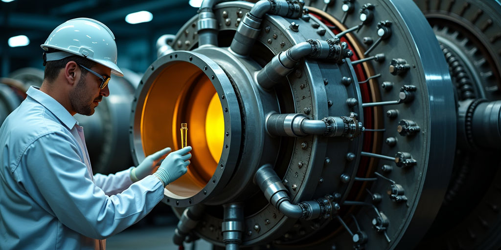 Крупный план газотурбинной установки на электростанции, видны маслопроводы и система смазки